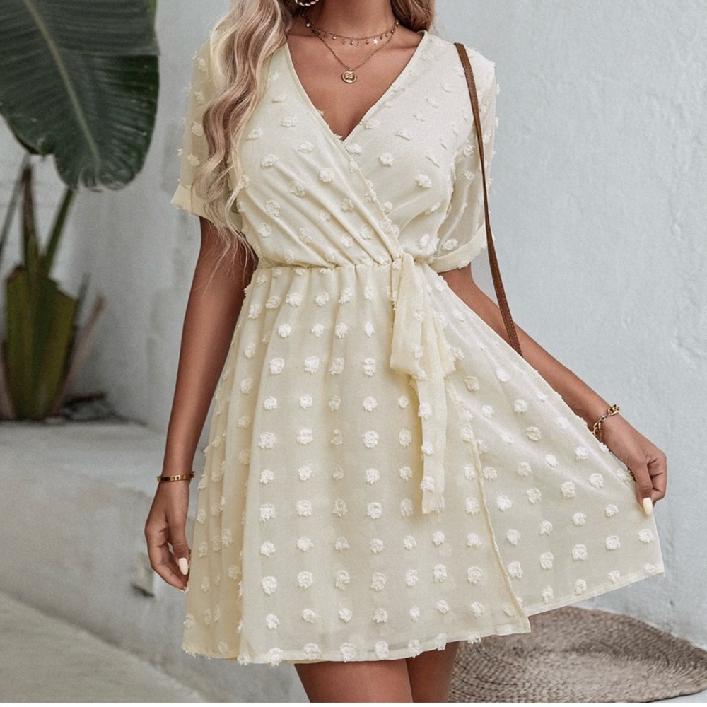 Apricot Mini Sundress with Flutter Sleeves and V-Neck for Wedding Guest